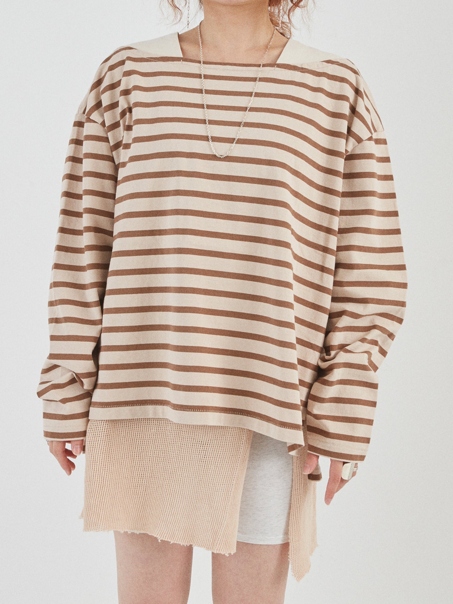 BAGGY BOAT L/S TEE COTTON BORDER JERSEY AM-C0201 Beige/Brown