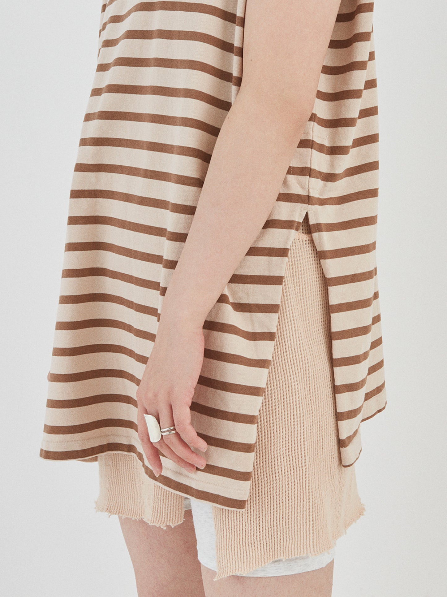 BAGGY N/S TEE COTTON BORDER JERSEY AM-C0204 Beige/Brown