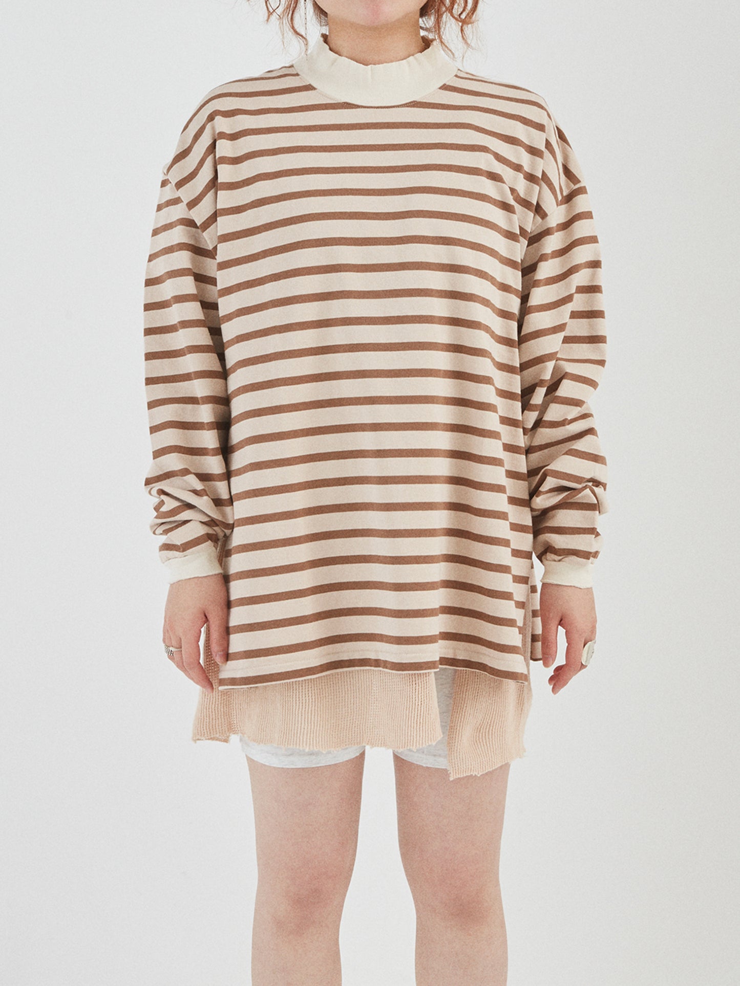 BAGGY L/S TEE COTTON BORDER JERSEY AM-C0203 Beige/Brown