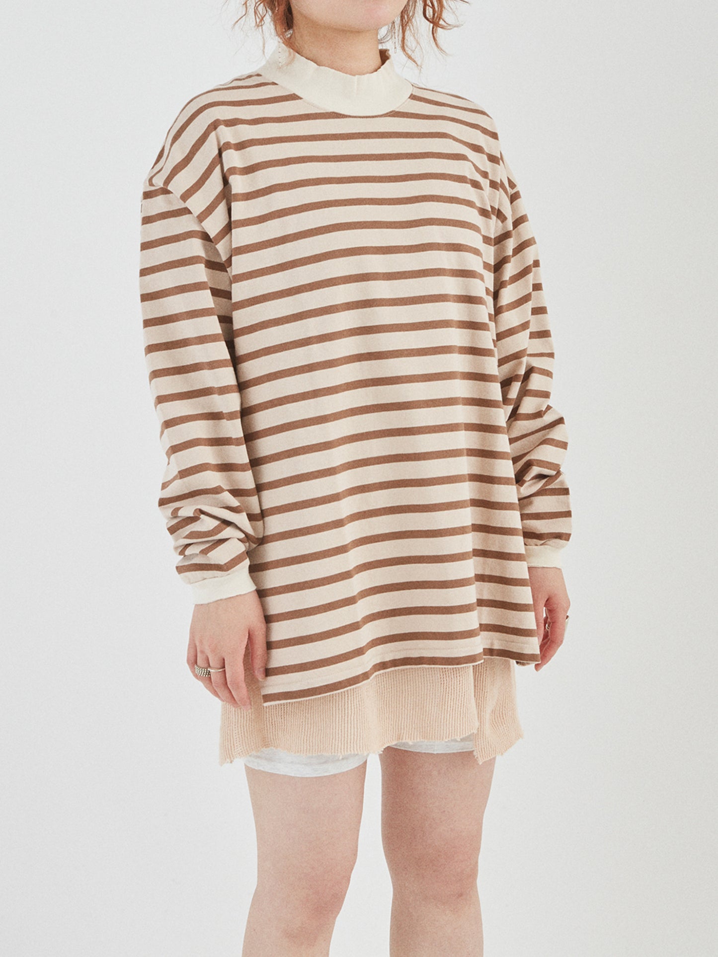 BAGGY L/S TEE COTTON BORDER JERSEY AM-C0203 Beige/Brown