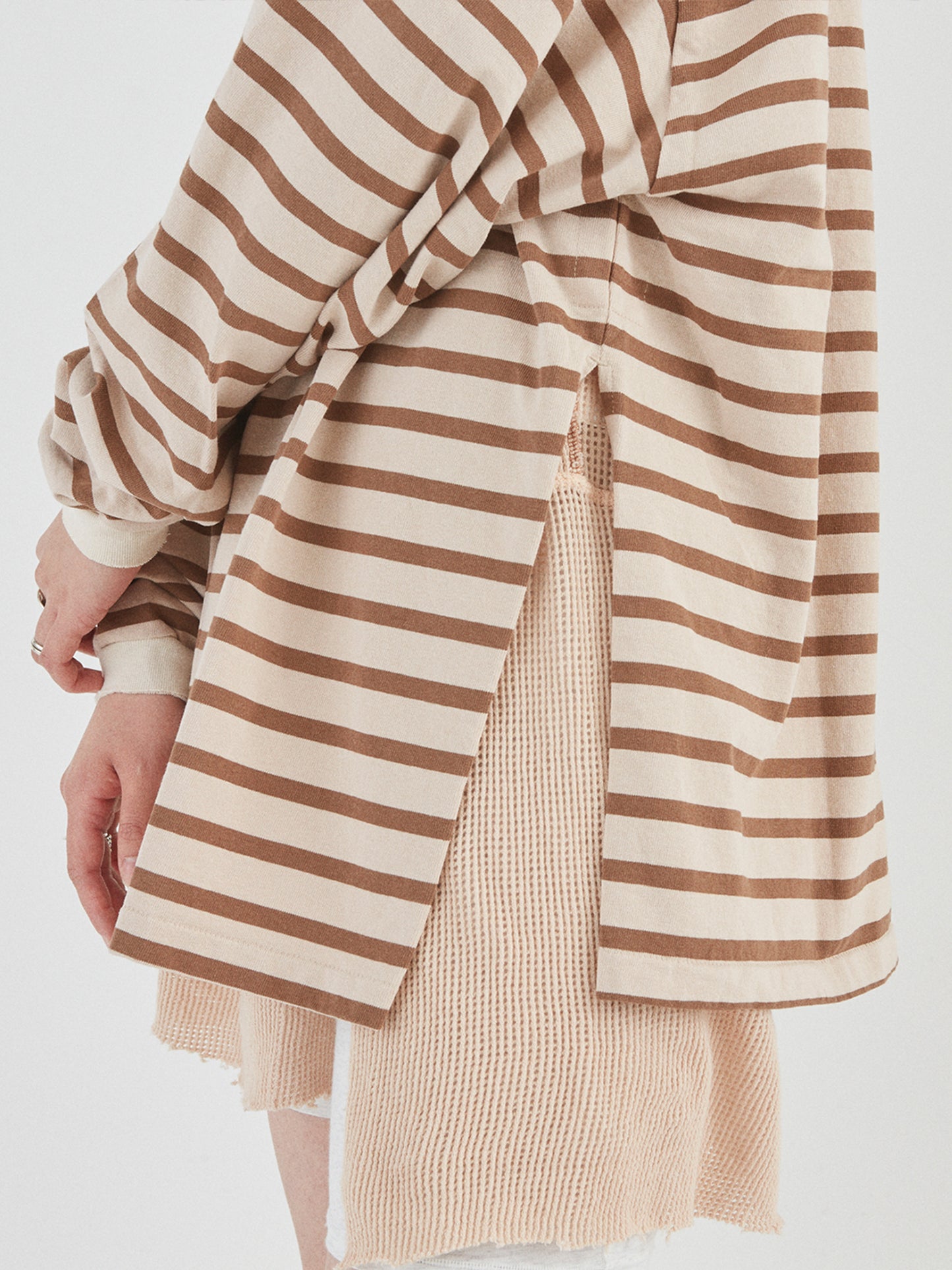 BAGGY L/S TEE COTTON BORDER JERSEY AM-C0203 Beige/Brown