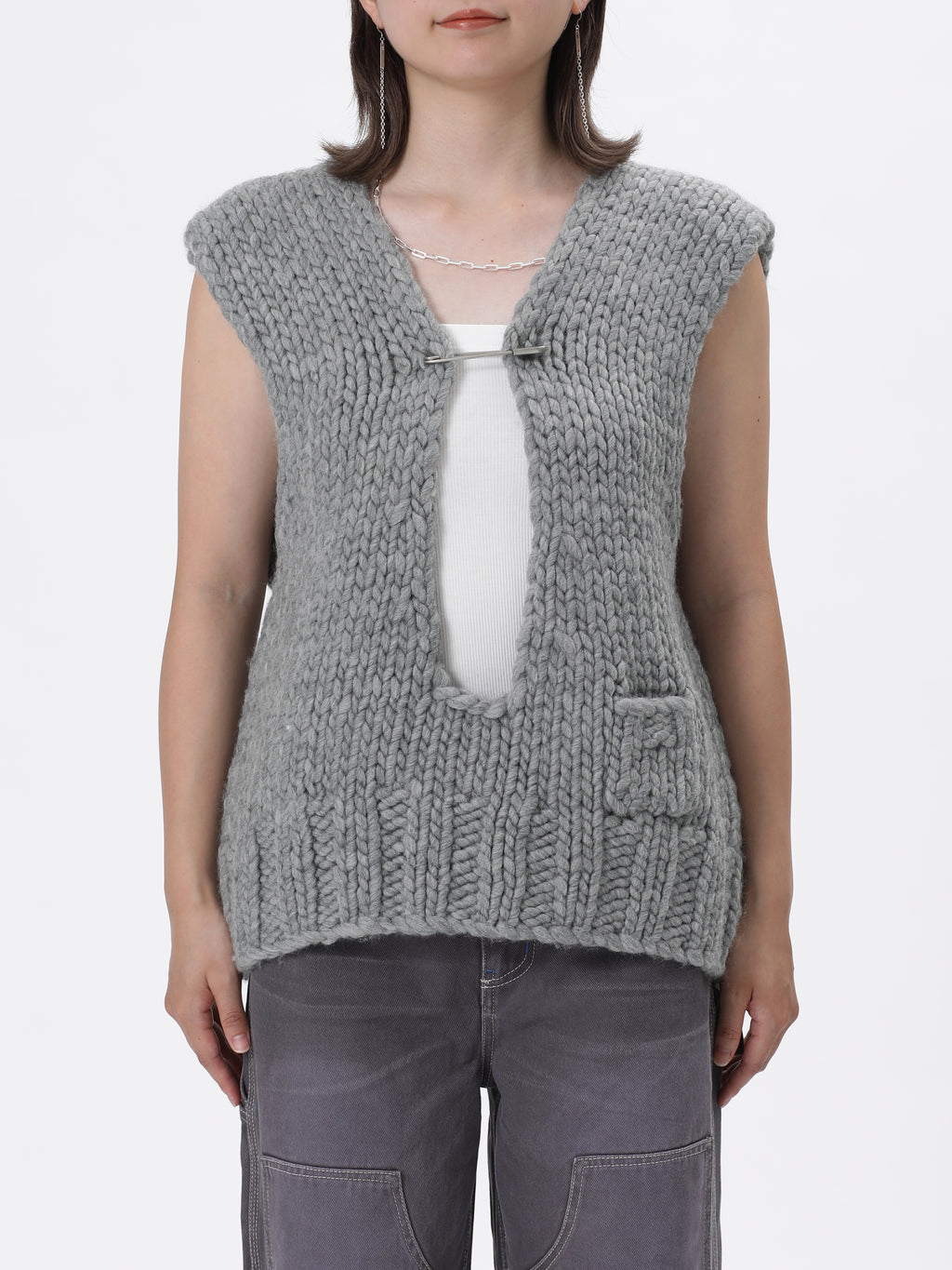 CHILLING HAND MADE VEST HEAVY WEIGHT WOOL YARN W/BIG ANZEN PIN AM-K0502