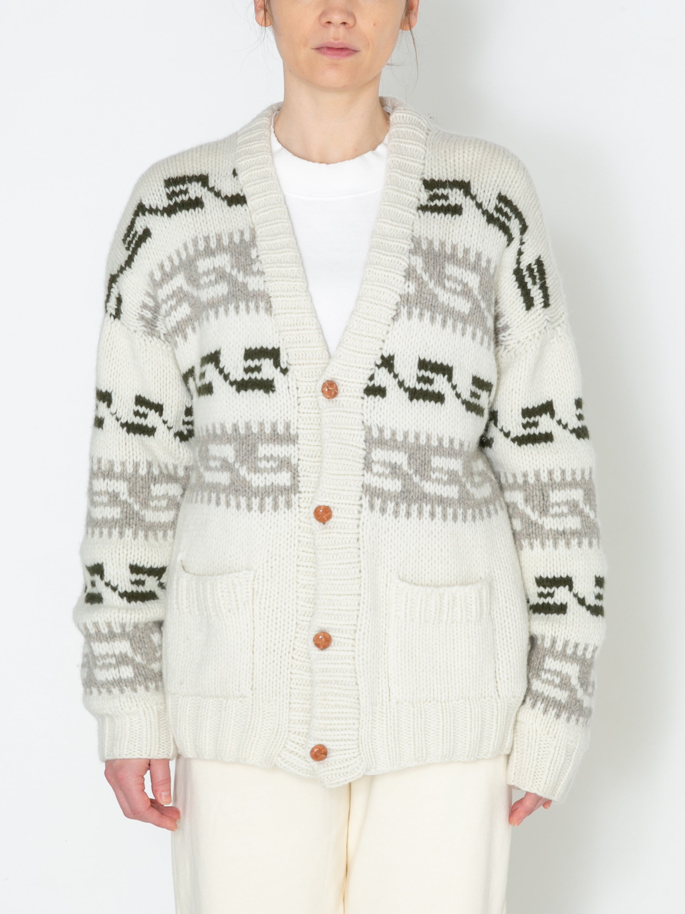 NOMADS CARDIGAN FAIR ISLE  PATTERN  HAND MADE KNIT AM-K0109 O.White