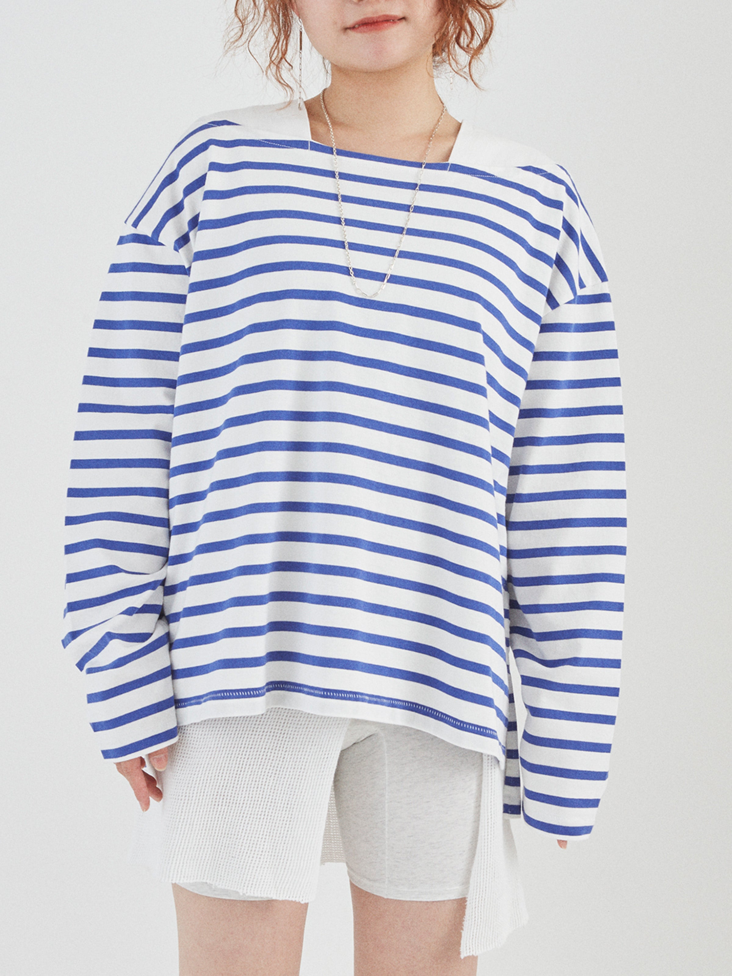BAGGY BOAT L/S TEE COTTON BORDER JERSEY AM-C0201 White/Blue